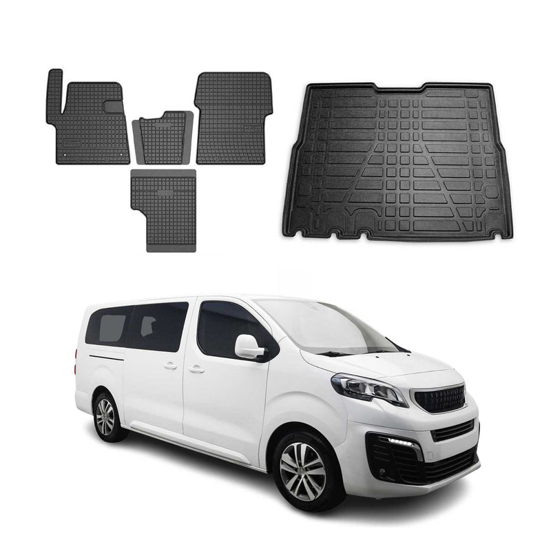 Set tappetini e vaschetta per bagagliaio per Peugeot Expert Traveller 2017-2025 in gomma 5 pezzi