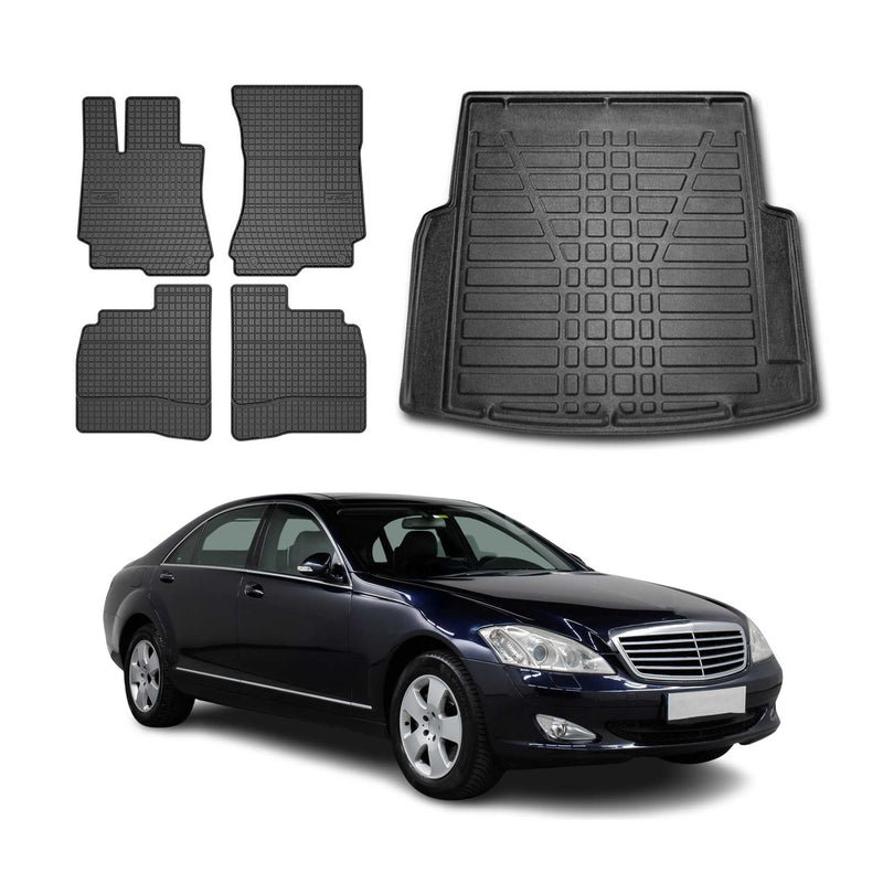 Set tappetini e vaschetta per bagagliaio per Mercedes Classe S W221 2005-2013 in gomma 5 pezzi