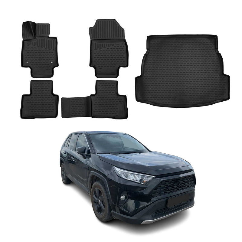 Set di tappetini e vaschetta per bagagliaio per Toyota RAV4 2018-2025 in gomma TPE nera 5 pezzi