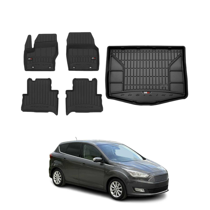 Set di tappetini e vaschetta per bagagliaio OMAC per Ford C-Max 2010-2019 in gomma nera, 5 pezzi