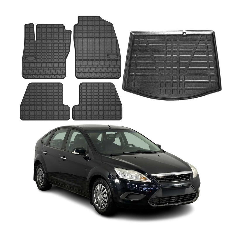 Set di tappetini e vaschetta per bagagliaio per Ford Focus mk2 2004-2011, cinque porte, in gomma, 5 pezzi