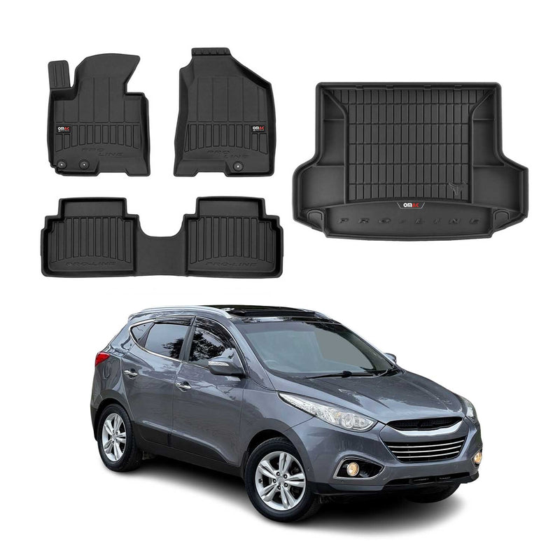 Set di tappetini e vaschetta per bagagliaio OMAC per Hyundai ix35 2009-2015 in gomma nera 4x