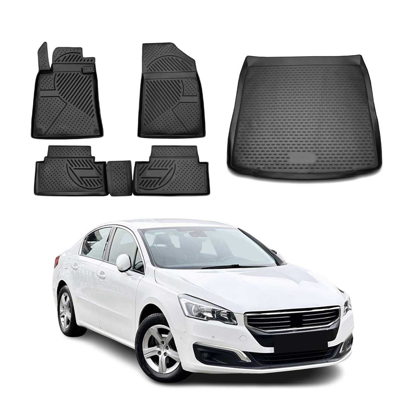 Set tappetini e vaschetta per bagagliaio per Peugeot 508 2010-2018 station wagon TPE Nero
