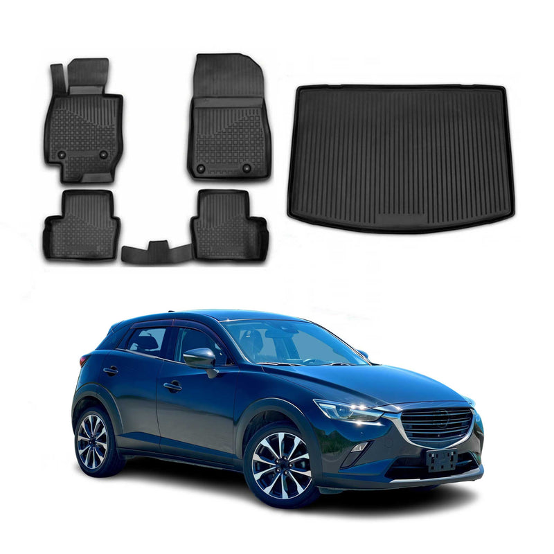 Set di tappetini e vaschetta per bagagliaio per Mazda CX-3 2015-2025 in gomma TPE nera 5 pezzi