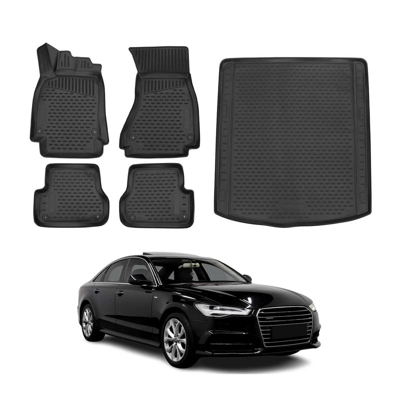 Set di tappetini e vaschetta per bagagliaio per Audi A6 C7 Limo 2011-2018 TPE Nero