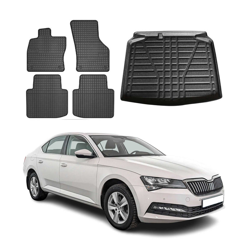 Set di tappetini e vaschetta per bagagliaio per Skoda Superb Station Wagon 2015-2025 in gomma TPE 5 pezzi