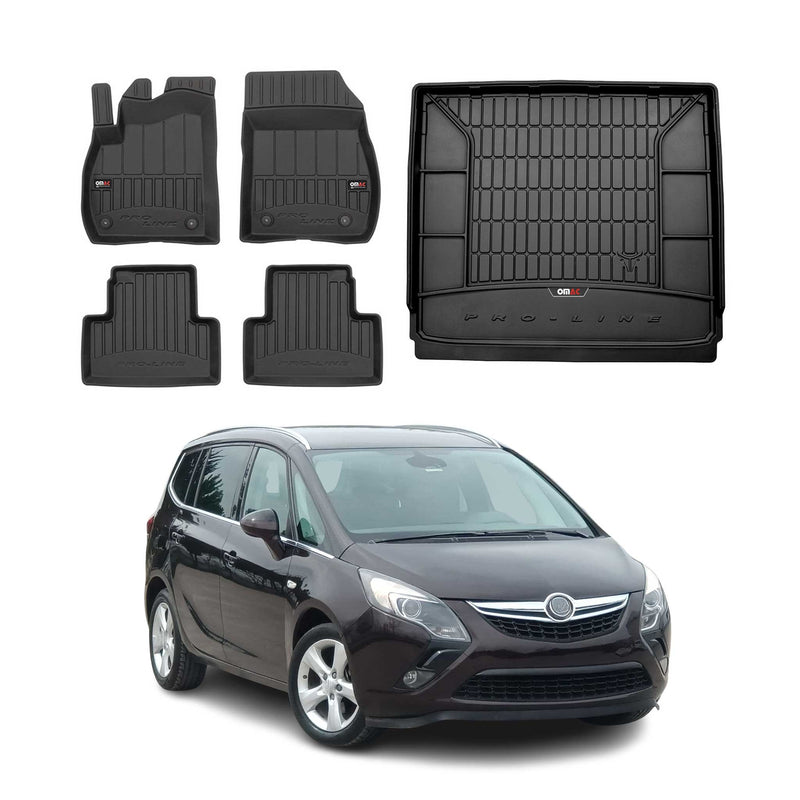 Set di tappetini e vaschetta per bagagliaio OMAC per Opel Zafira C Tourer 2012-2019 in gomma, 5 pezzi