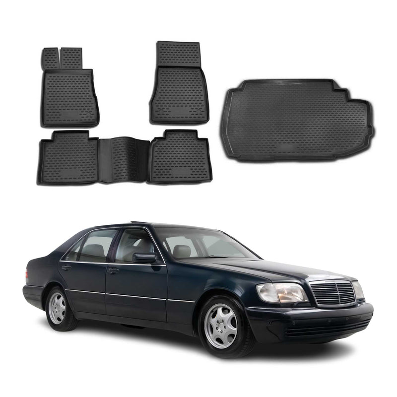Set di tappetini e vaschetta per bagagliaio per Mercedes Classe S W220 1998-2005 TPE Nero