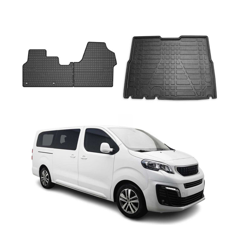 Set tappetini e vaschetta per bagagliaio per Peugeot Expert Traveller 2017-2025 in gomma, 3 pezzi