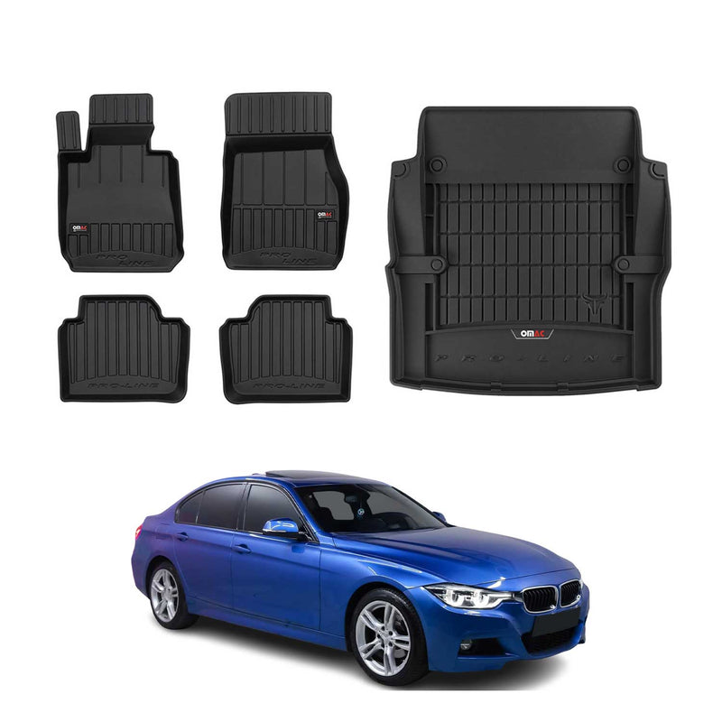 Set di tappetini e vaschetta per bagagliaio OMAC per BMW Serie 3 F30 2011-2018 in gomma nera, 5 pezzi