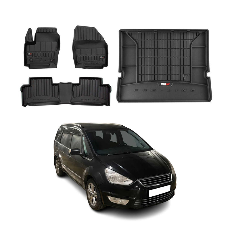 Set di tappetini e vaschetta per bagagliaio OMAC per Ford Galaxy 2006-2015 in gomma nera 4 pezzi