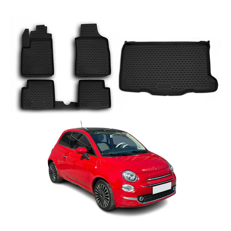Set tappetini e vaschetta per bagagliaio per Fiat 500 2007-2015 in gomma TPE Nero 5 pezzi