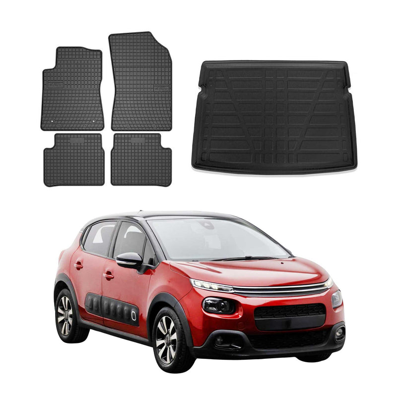 Set di tappetini e vaschetta per bagagliaio per Citroen C3 Hatchback 2016-2024 Gomma 5x