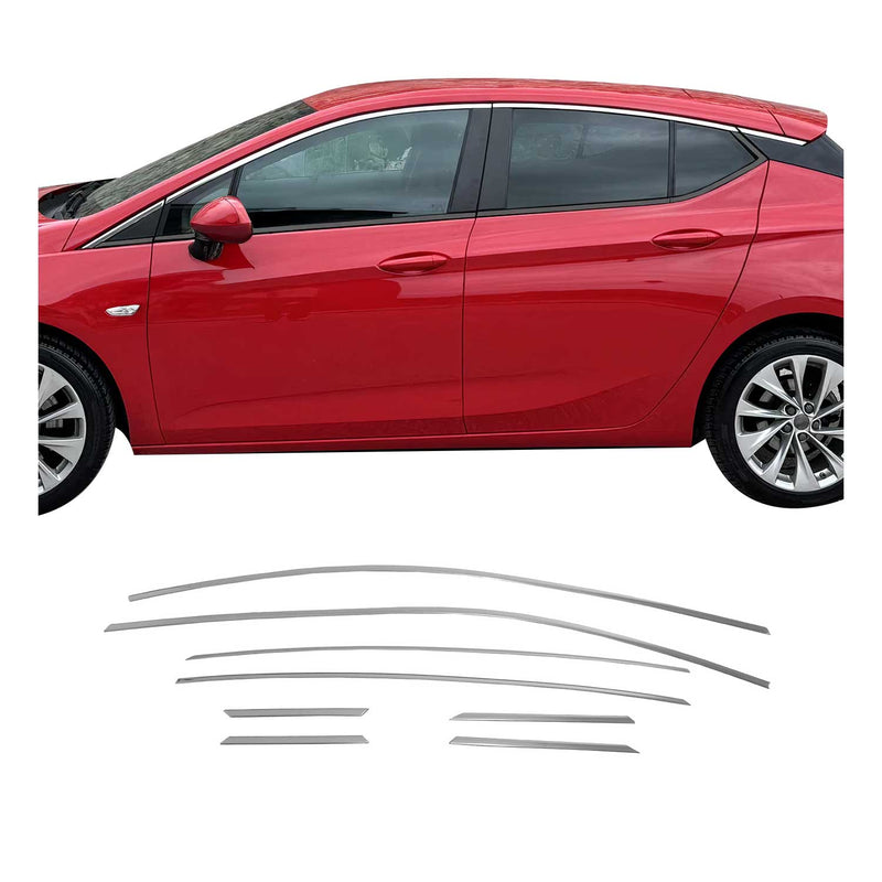 Listelli decorativi per finestrini Opel Astra K 2015-2019 in acciaio inox cromato, 8 pezzi