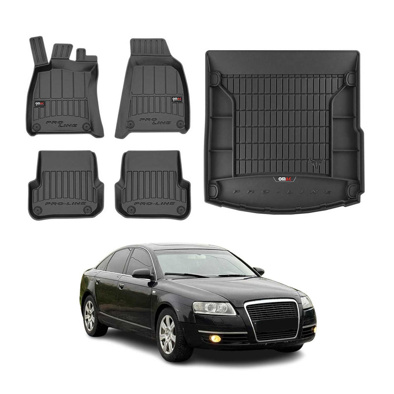 Set di tappetini e vaschetta per bagagliaio OMAC per Audi A6 C6 2004-2008 in gomma nera, 5 pezzi