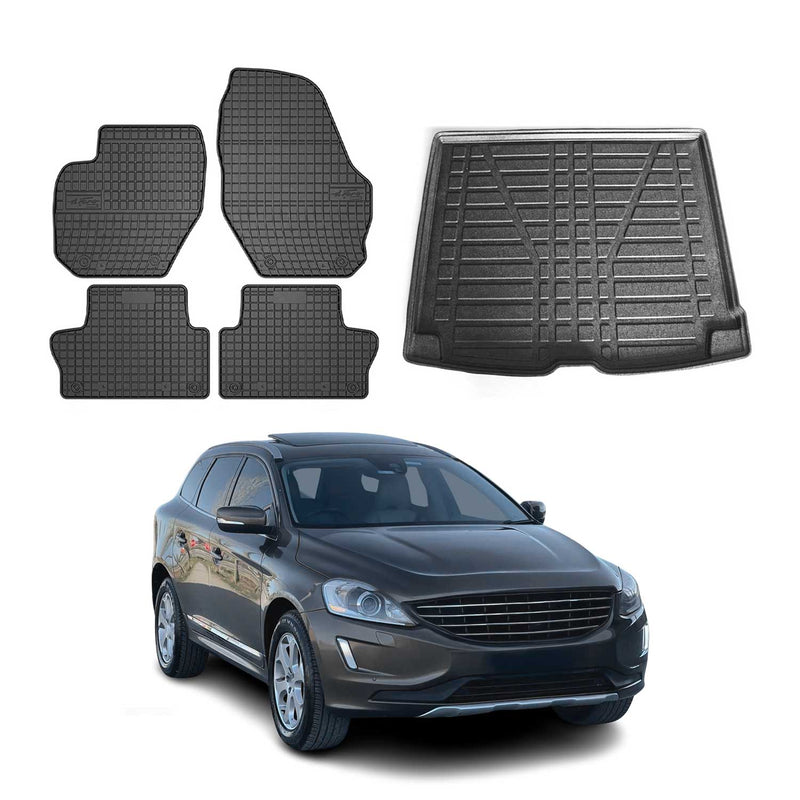 Set di tappetini e vaschetta per bagagliaio per Volvo XC60 2009-2019 in gomma nera, 5 pezzi