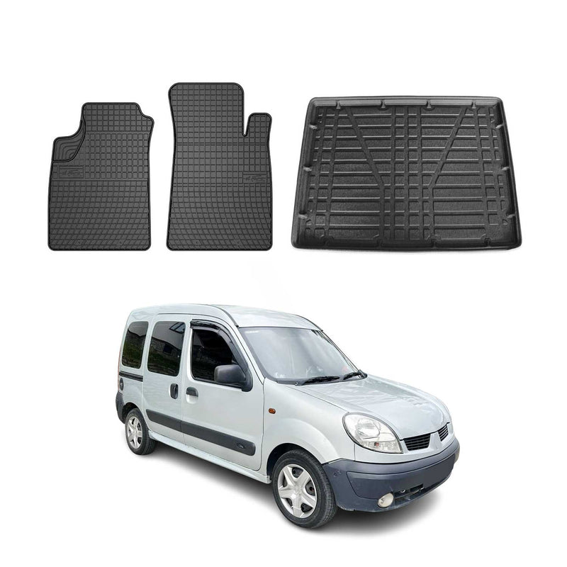 Set tappetini e vaschetta per bagagliaio per Renault Kangoo 1999-2008 Gomma Nero 3x