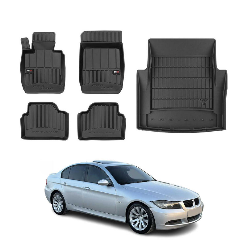 Set di tappetini e vaschetta per bagagliaio OMAC per BMW Serie 3 E90 2004-2011 in gomma nera, 5 pezzi
