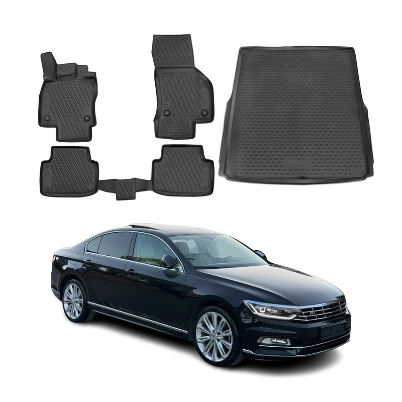 Set di tappetini e vaschetta per bagagliaio per VW Passat B8 Limo 2014-2019 TPE Nero