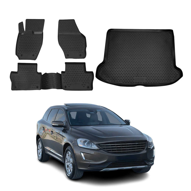 Set di tappetini e vaschetta per bagagliaio per Volvo XC60 2008-2017 in gomma TPE nera 5 pezzi