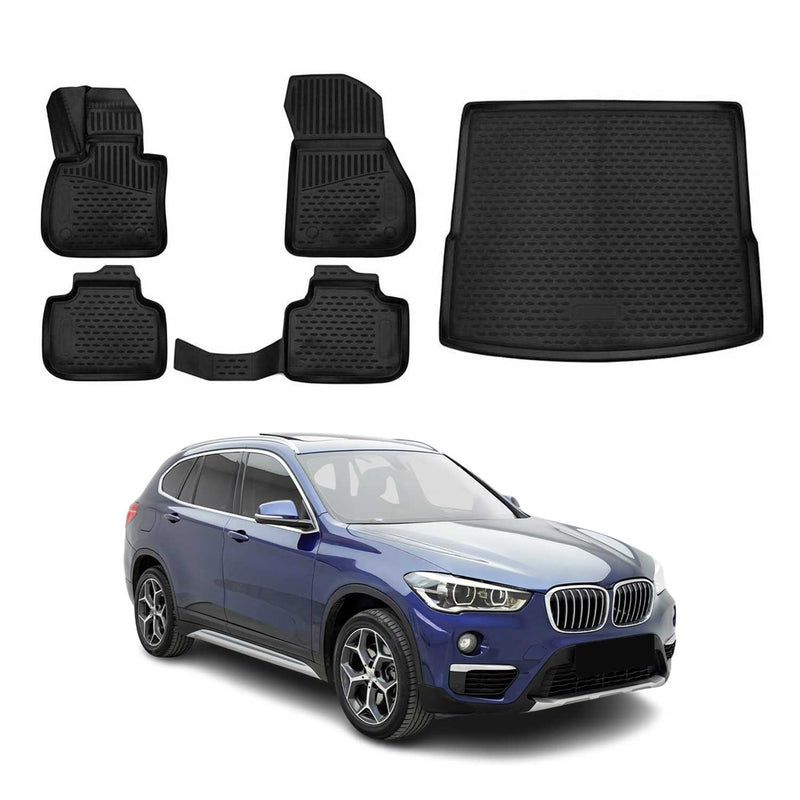 Set di tappetini e vaschetta per bagagliaio per BMW X1 F48 2015-2022 in gomma TPE nero 5 pezzi
