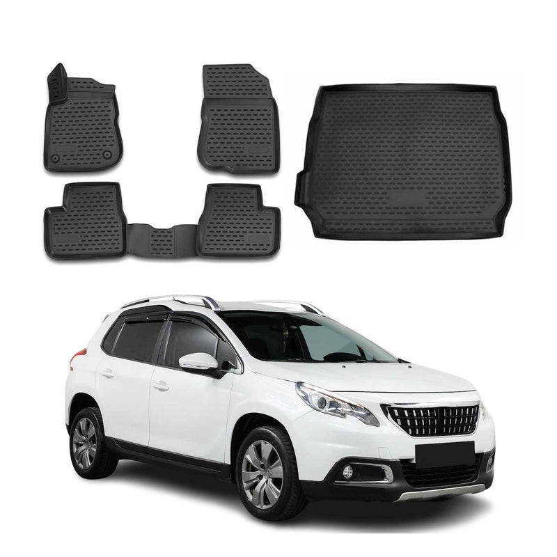 Set tappetini e vaschetta per bagagliaio per Peugeot 2008 2013-2020 in gomma TPE Nero 5 pezzi