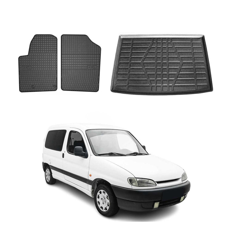 Set tappetini e vaschetta per bagagliaio per Peugeot Partner 1996-2008 Gomma Nero 3x