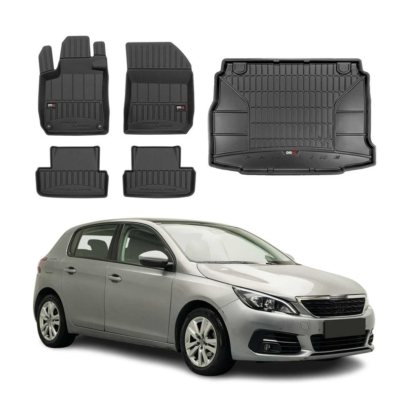 Set di tappetini e vaschetta per bagagliaio OMAC per Peugeot 308 2013-2025 in gomma nera, 5 pezzi