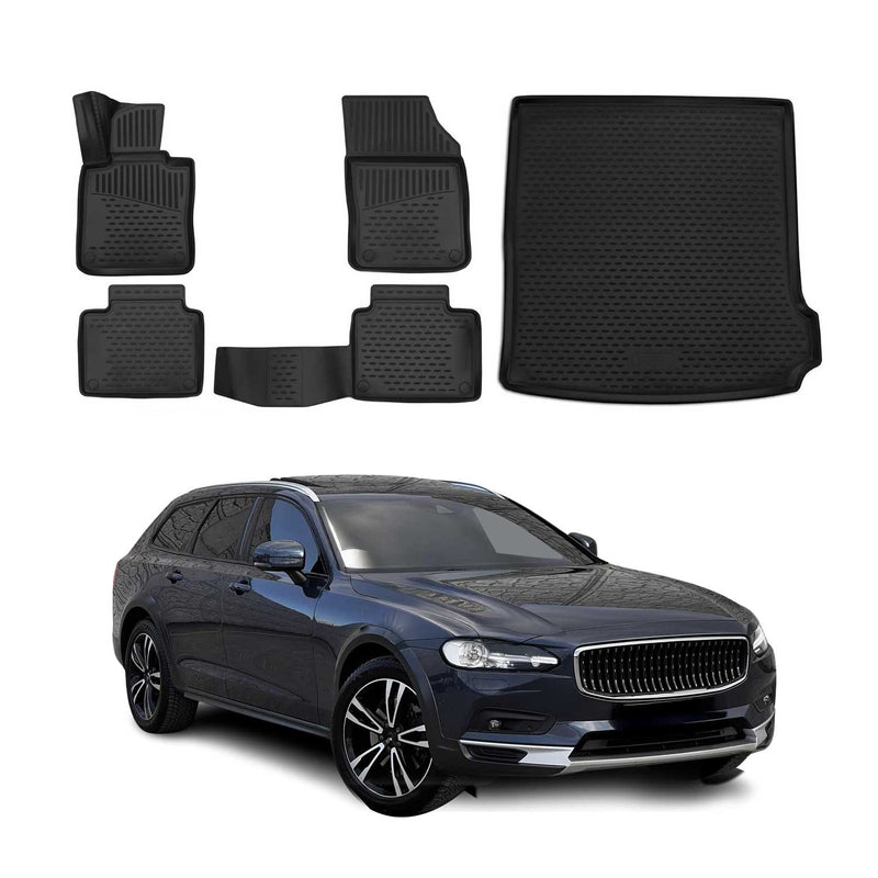 Set di tappetini e vaschetta per bagagliaio per Volvo V90 station wagon 2016-2020 in TPE nero