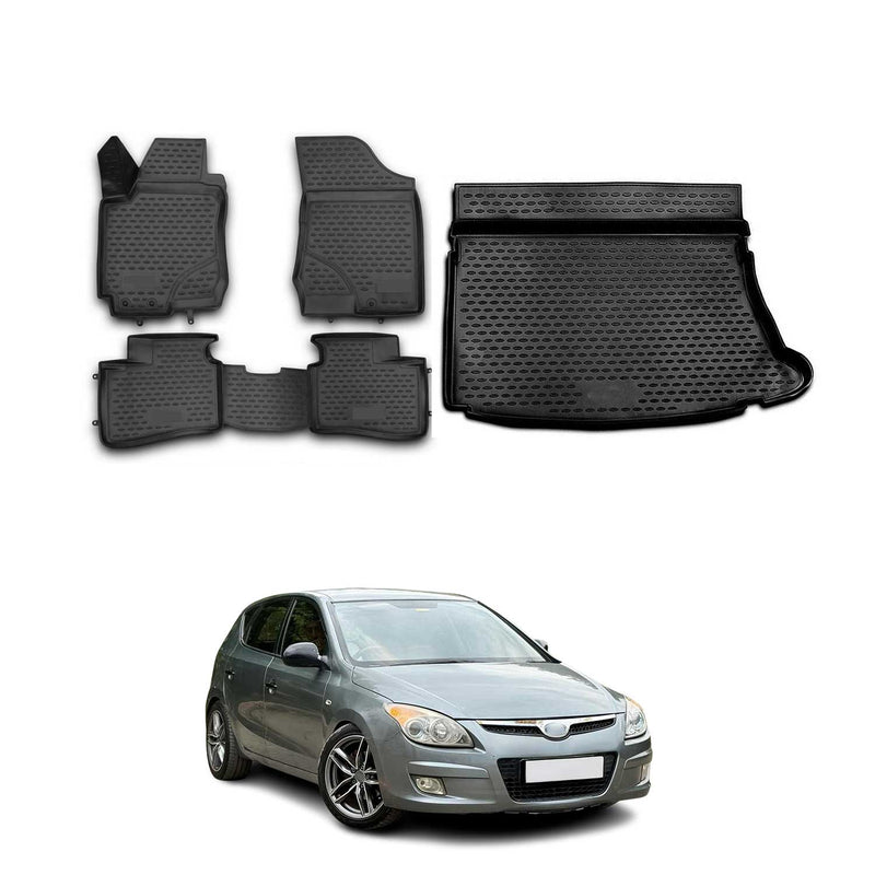 Set di tappetini e vaschetta per bagagliaio per Hyundai i30 2007-2011 Hatchback TPE Nero