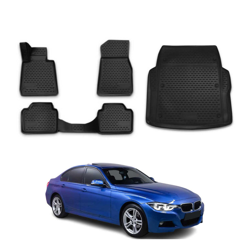 Set di tappetini e vaschetta per bagagliaio per BMW Serie 3 F30 F31 2012-2018 Gomma Nero 5 pezzi