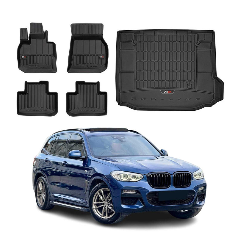 Set di tappetini e vaschetta per bagagliaio OMAC per BMW X3 G01 2017-2024 in gomma nera, 5 pezzi