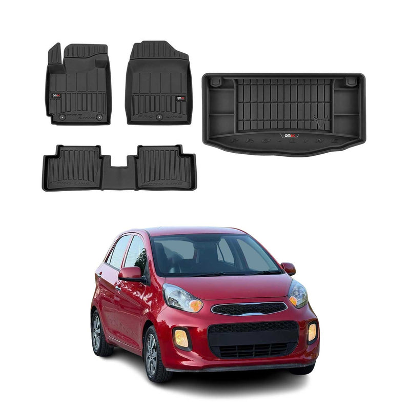Set di tappetini e vaschetta per bagagliaio OMAC per Kia Picanto 2011-2017 in gomma nera 4 pezzi