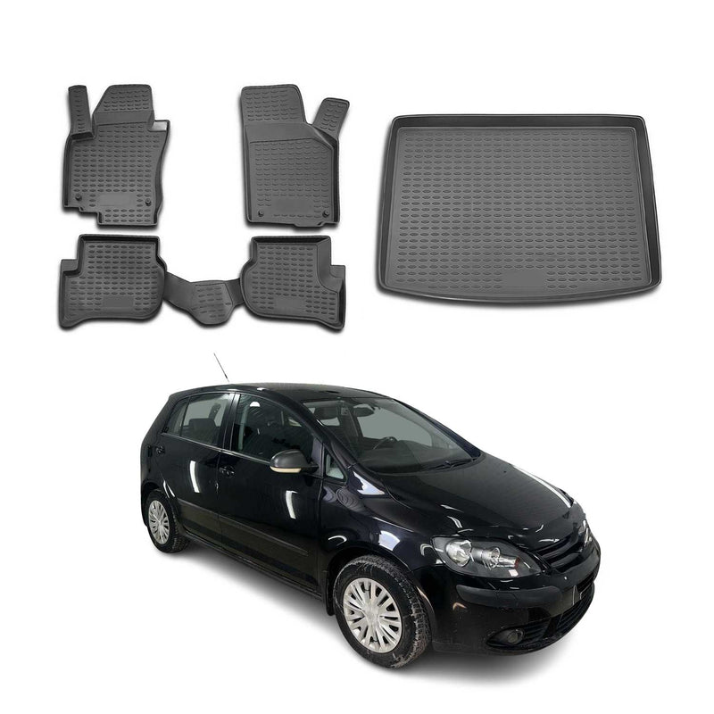 Set di tappetini e vaschetta per bagagliaio per VW Golf Plus 2004-2014 5 porte TPE Nero
