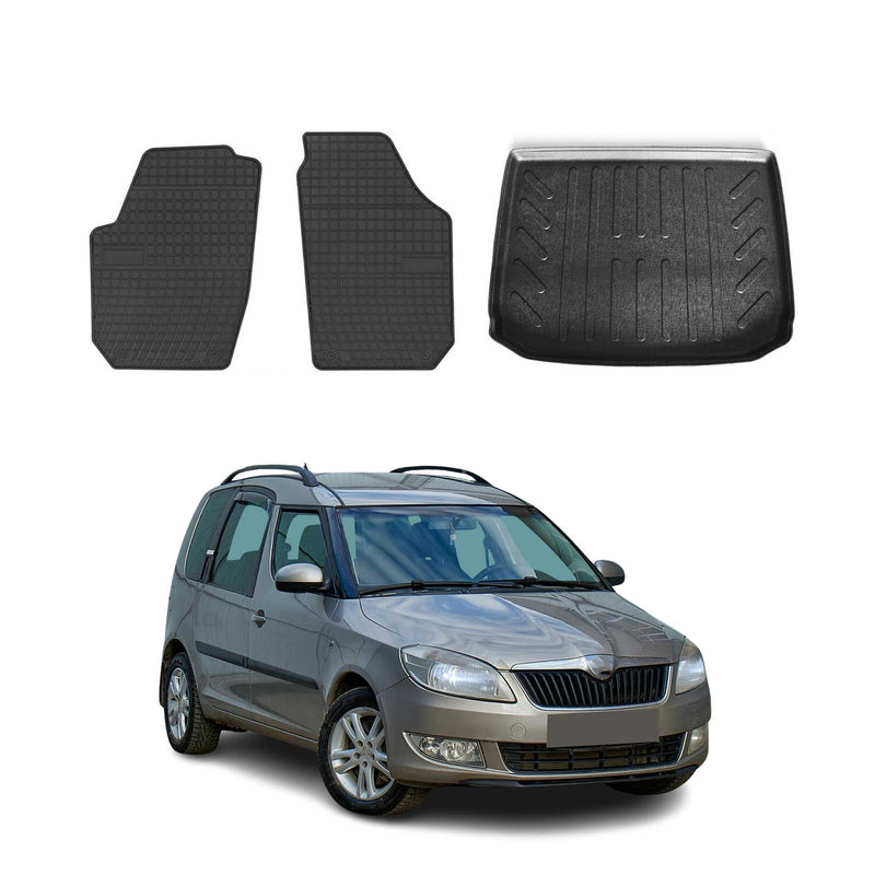 Set di tappetini e vaschetta per bagagliaio per Skoda Roomster 2006-2015 in gomma nera, 3 pezzi