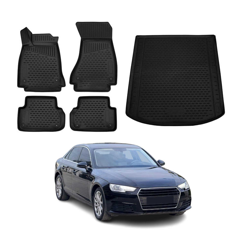 Set di tappetini e vaschetta per bagagliaio per Audi A4 S4 B9 Limo 2015-2025 in gomma nera