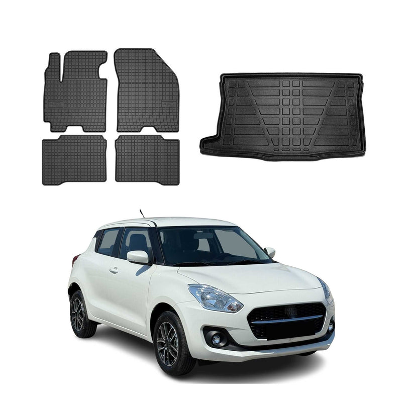 Set di tappetini e vaschetta per bagagliaio per Suzuki Swift 2018-2025 in gomma TPE nera 5 pezzi