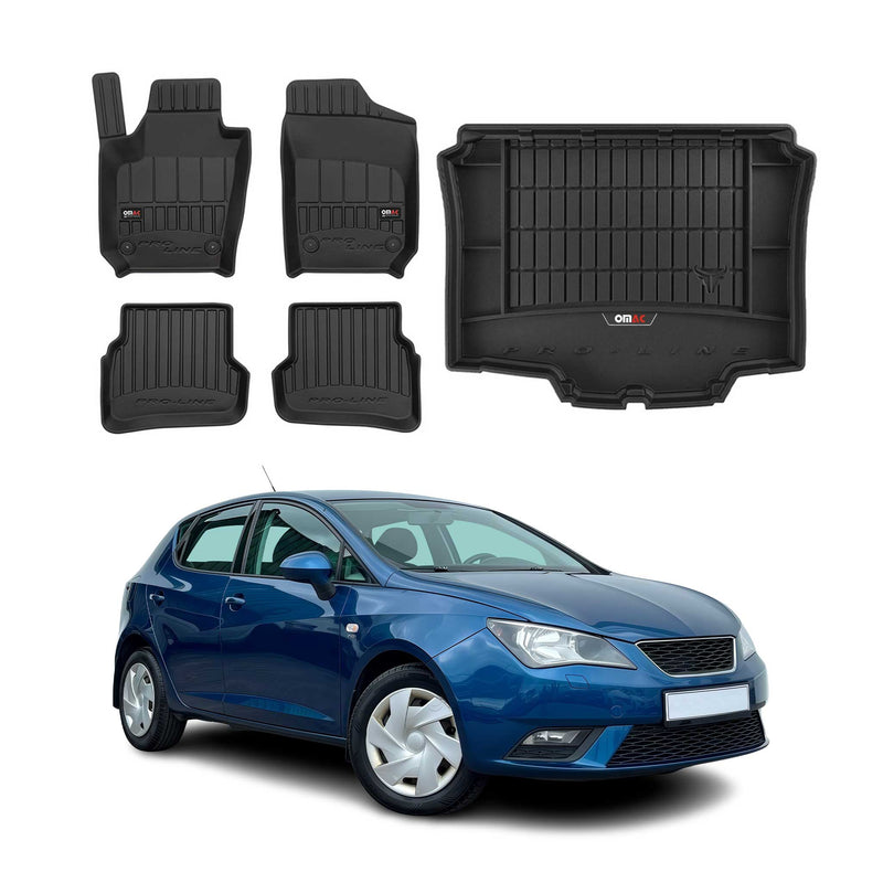 Set di tappetini e vaschetta per bagagliaio OMAC per Seat Ibiza 2008-2017 in gomma nera, 5 pezzi