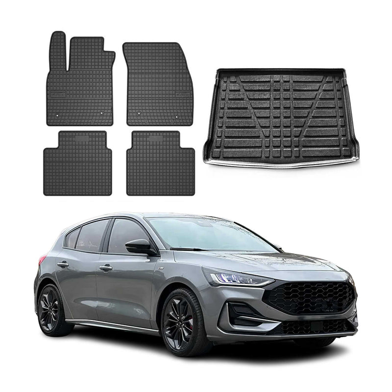 Set di tappetini e vaschetta per bagagliaio per Ford Focus mk4 2019-2025 cinque porte in gomma 5x