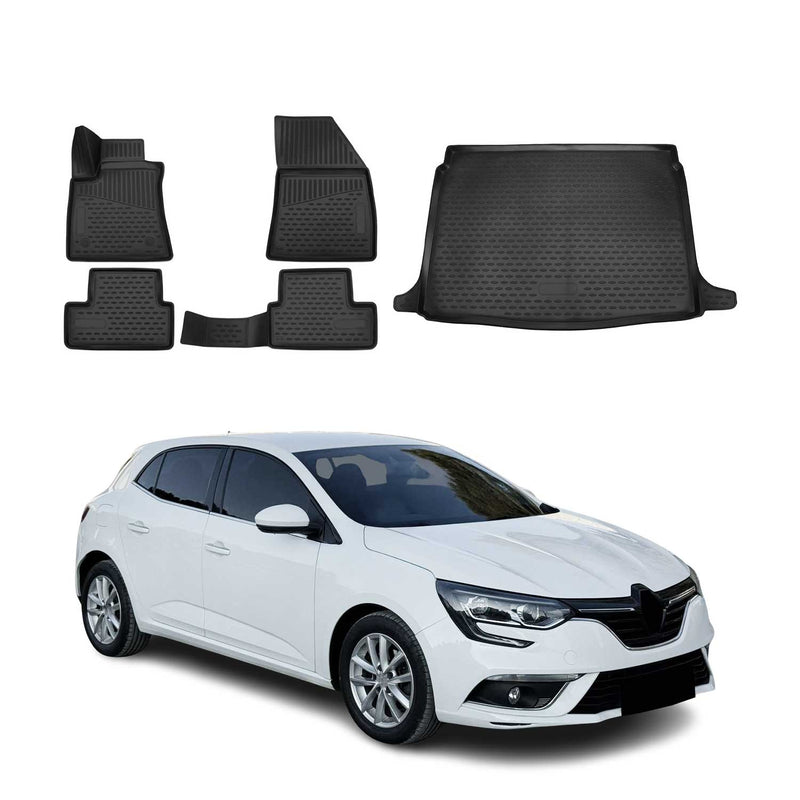 Set tappetini e vaschetta per bagagliaio per Renault Megane 5 porte 2015-2025 TPE Nero