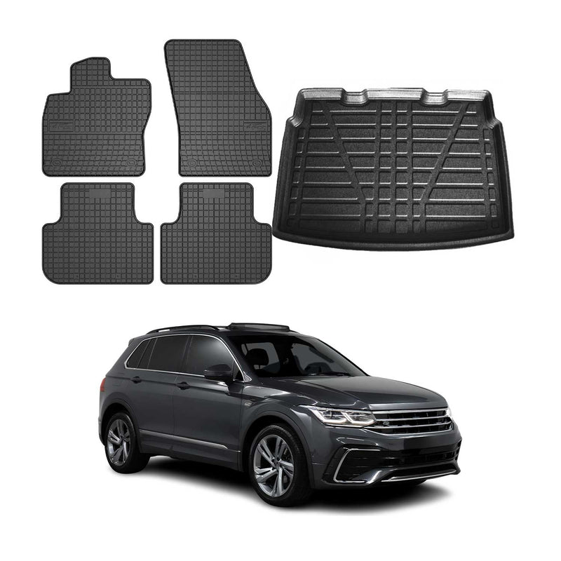 Fußmatten & Kofferraumwanne Set für VW Tiguan 2016-2025 Untere Schwarz Gummi 5x