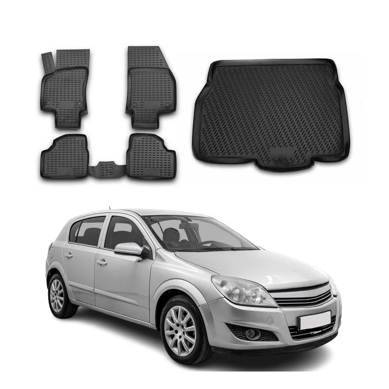 Set tappetini e vaschetta per bagagliaio per Opel Astra H 2002-2009 5 porte TPE Nero