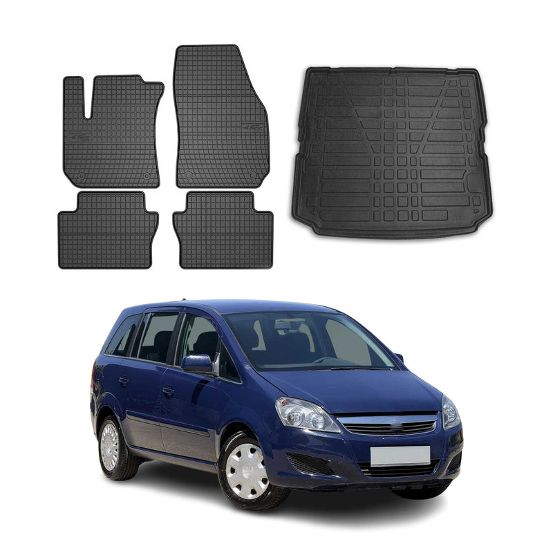 Set tappetini e vaschetta per bagagliaio per Opel Zafira B 2005-2011 Gomma Nero 5x