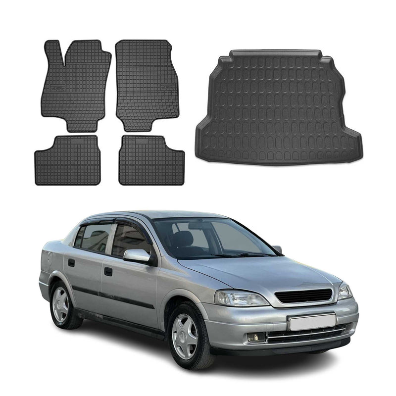 Set tappetini e vaschetta per bagagliaio per Opel Astra G Berlina 1998-2004 Gomma 5x