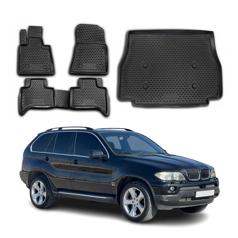 Set tappetini e vaschetta per bagagliaio per BMW X5 E53 1999-2006 in gomma TPE nero 5 pezzi
