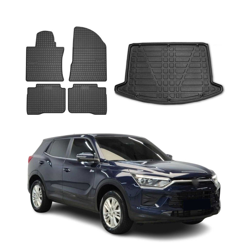 Set di tappetini e vaschetta per bagagliaio per Ssangyong Korando 2020-2025 in gomma nera 5 pezzi