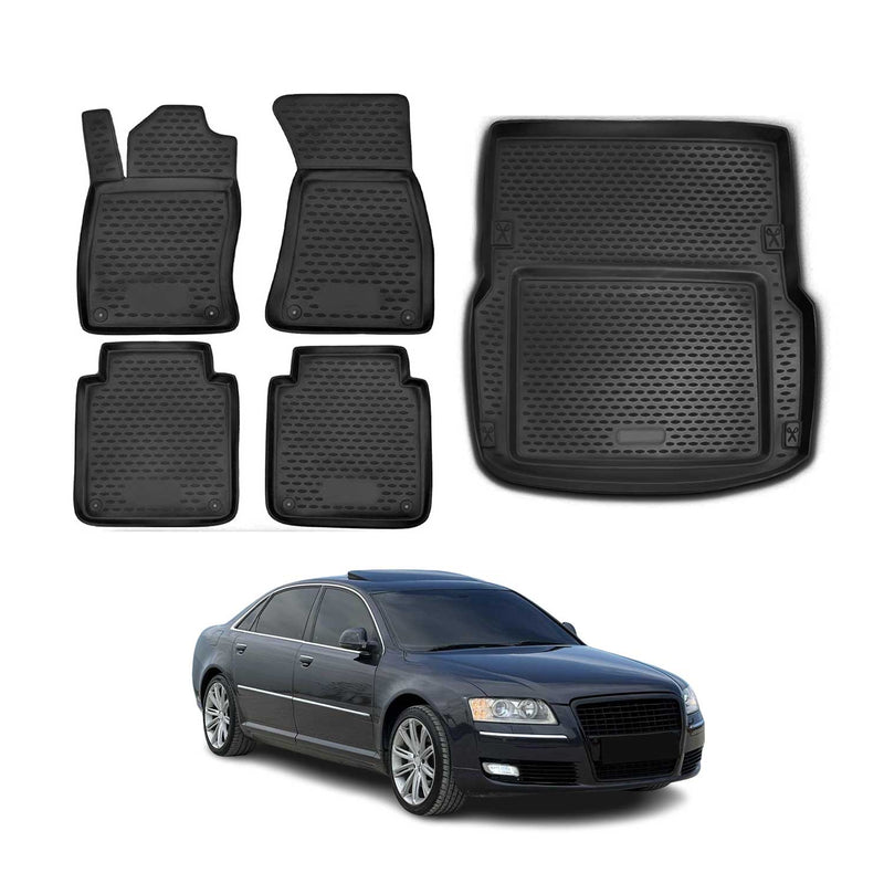 Set tappetini e vaschetta per bagagliaio per Audi A8 D3 Long 2002-2010 TPE Nero