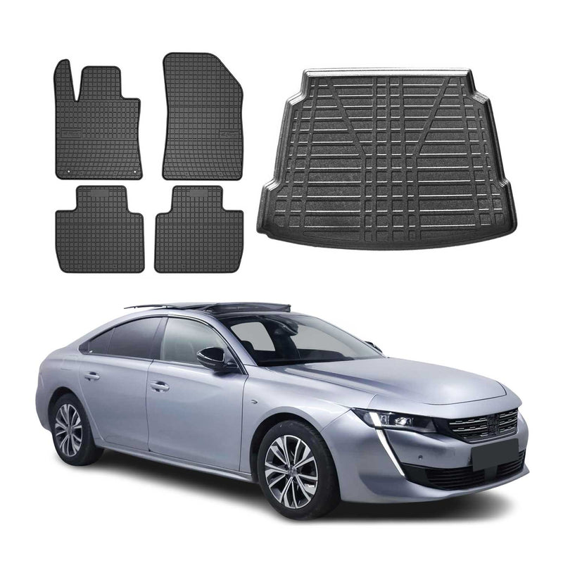 Set tappetini e vaschetta per bagagliaio per Peugeot 508 berlina 2018-2025 in gomma 5 pezzi