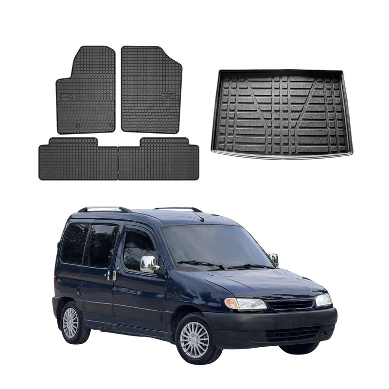 Set tappetini e vaschetta per bagagliaio per Citroen Berlingo 1996-2009 Gomma Nero 5x