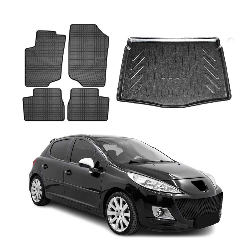 Set tappetini e vaschetta per bagagliaio per Peugeot 207 station wagon 2006-2012 in gomma nera 5 pezzi